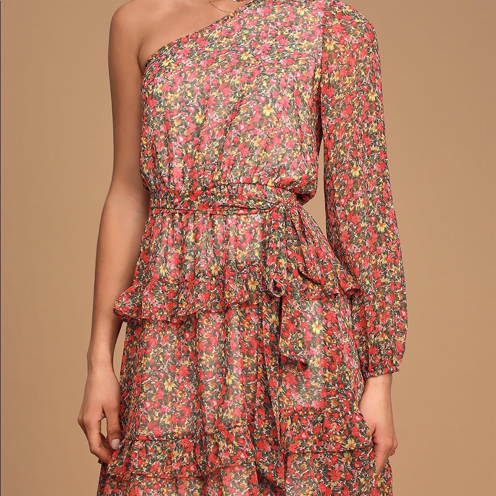 Lulus Anew Romance Pink Floral Spring One Shoulder Mini Dress, Small, Worn Once!